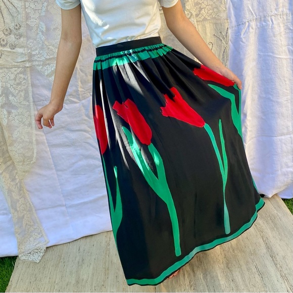 Vintage Silky Floral Tulips Butterfly Long Skirt - Picture 13 of 13